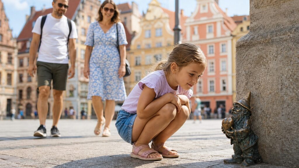 Dziecko przygląda się małej figurce krasnala na wrocławskim Rynku podczas rodzinnego spaceru.