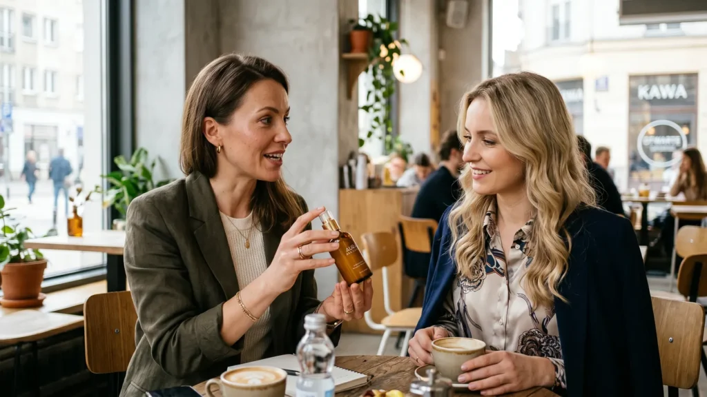 Dwie osoby rozmawiające o produkcie w kawiarni w kontekście network marketingu